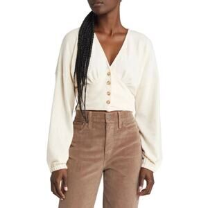 New Madewell Deep-V Button-Front Crop Top Long Sleeve Antique Cream Small